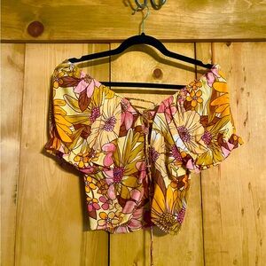 Angie Puff Sleeve Crop Blouse Pink Orange